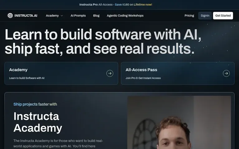 Screenshot of the Instructa Courses homepage