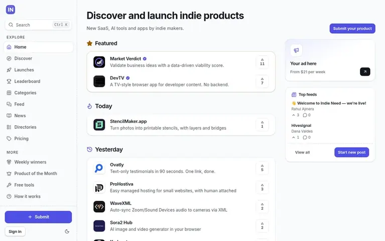 Screenshot of the IndieNeed homepage