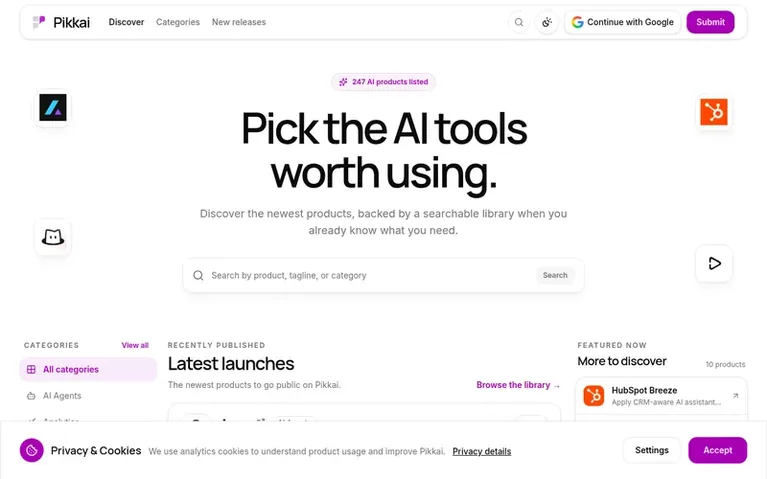 Screenshot of the Pikkai homepage