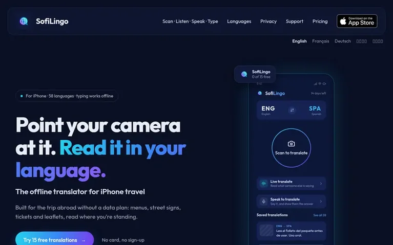 Screenshot of the SofiLingo homepage